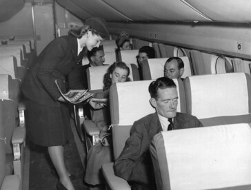 Cabin crew wearing Sybil Connolly uniform design from 1945